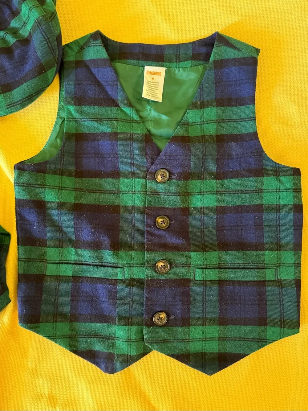Gymboree Boys Green & Navy Plaid Vest, Pants & Cap Set